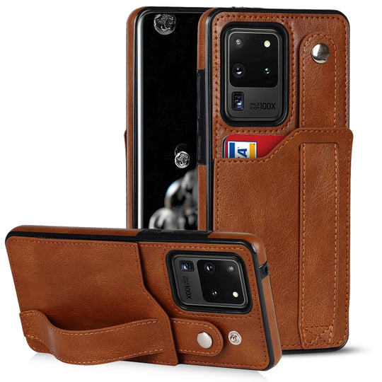 For Samsung Galaxy S20 Ultra Crazy Horse Texture Shockproof TPU + PU Leather Case with Card Slot & Wrist Strap Holder(Brown)