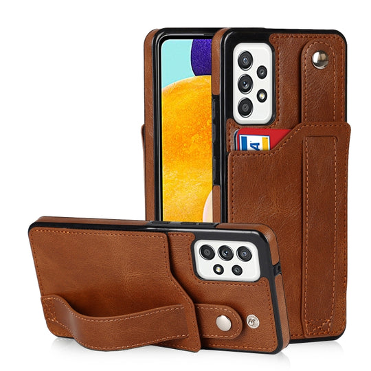 For Samsung Galaxy A52 5G / 4G Crazy Horse Texture Shockproof TPU + PU Leather Case with Card Slot & Wrist Strap Holder(Brown)