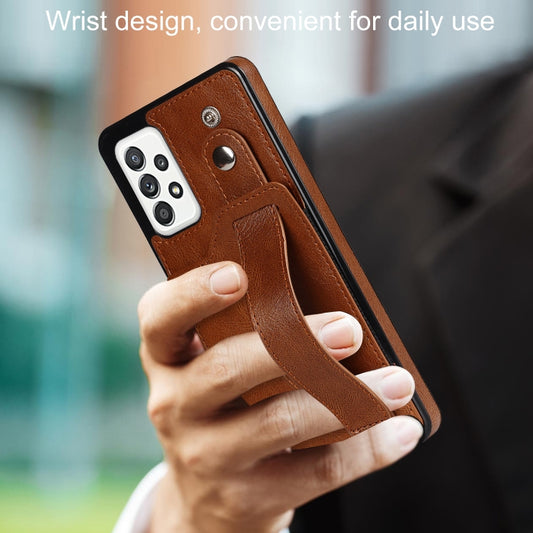 For Samsung Galaxy A52 5G / 4G Crazy Horse Texture Shockproof TPU + PU Leather Case with Card Slot & Wrist Strap Holder(Brown) by buy2fix
