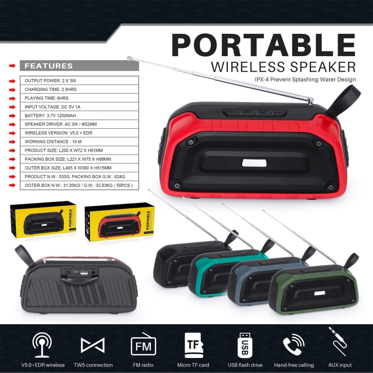 New Rixing NR-906FM TWS Waterproof Bluetooth Speaker Support Hands-free Call / FM with Handle & Antenna(Emerald Green) - Desktop Speaker by NewRixing | Online Shopping UK | buy2fix