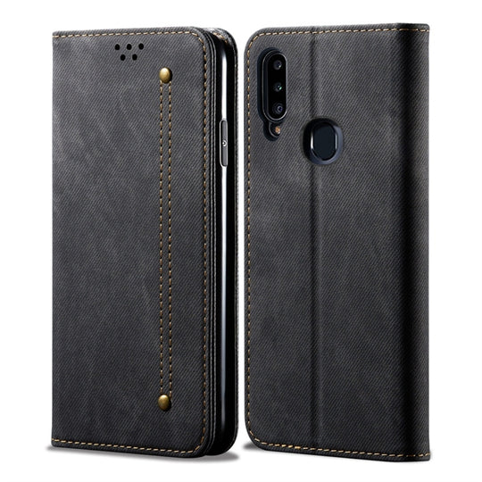 For Galaxy A20s Denim Texture Casual Style Horizontal Flip Leather Case with Holder & Card Slots & Wallet(Black)