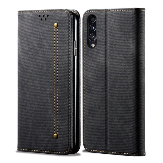 For Galaxy A50s / A50 / A30s Denim Texture Casual Style Horizontal Flip Leather Case with Holder & Card Slots & Wallet(Black)
