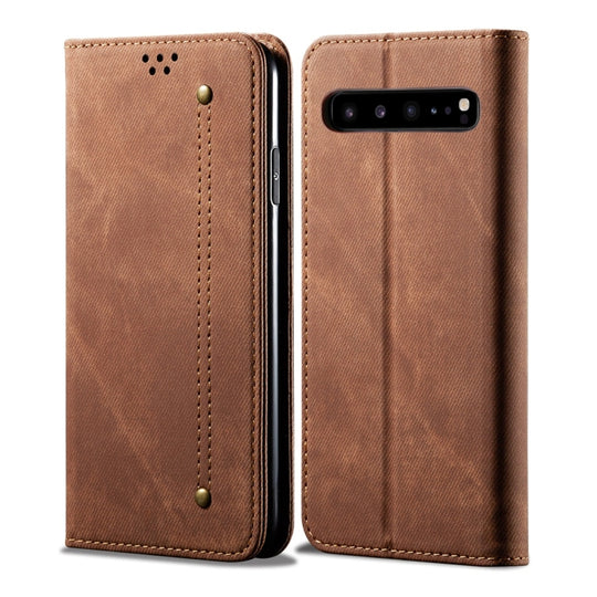 For Galaxy S10 5G Denim Texture Casual Style Horizontal Flip Leather Case with Holder & Card Slots & Wallet(Brown)