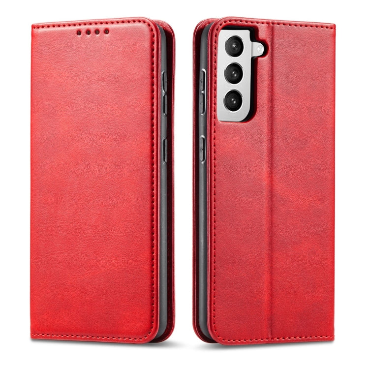 For Samsung Galaxy S21 FE Calf Texture Magnetic Horizontal Flip Leather Case with Holder & Card Slots & Wallet(Red) by buy2fix