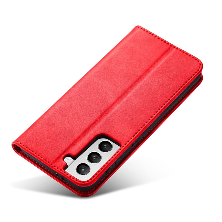 For Samsung Galaxy S21 FE Calf Texture Magnetic Horizontal Flip Leather Case with Holder & Card Slots & Wallet(Red) by buy2fix