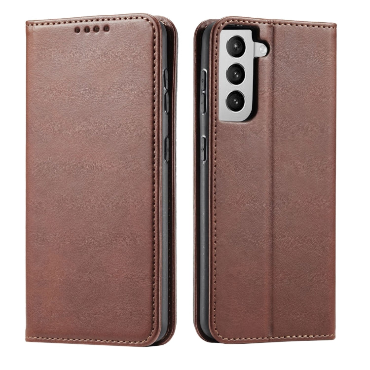 For Samsung Galaxy S21 FE Calf Texture Magnetic Horizontal Flip Leather Case with Holder & Card Slots & Wallet(Brown) by buy2fix