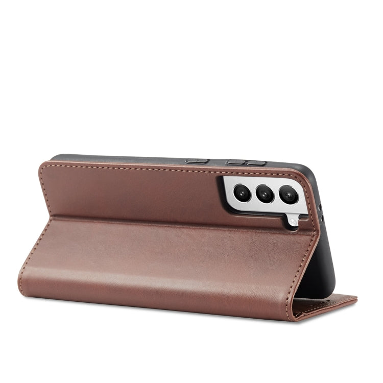For Samsung Galaxy S21 FE Calf Texture Magnetic Horizontal Flip Leather Case with Holder & Card Slots & Wallet(Brown) by buy2fix