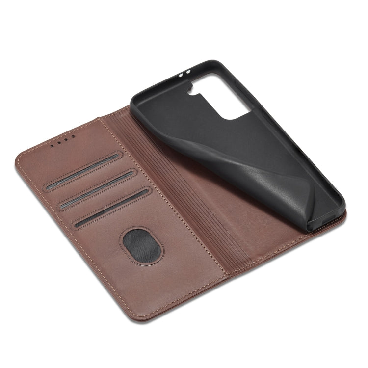 For Samsung Galaxy S21 FE Calf Texture Magnetic Horizontal Flip Leather Case with Holder & Card Slots & Wallet(Brown) by buy2fix