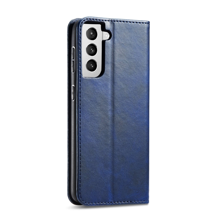 For Samsung Galaxy S21 FE Calf Texture Magnetic Horizontal Flip Leather Case with Holder & Card Slots & Wallet(Blue) by buy2fix