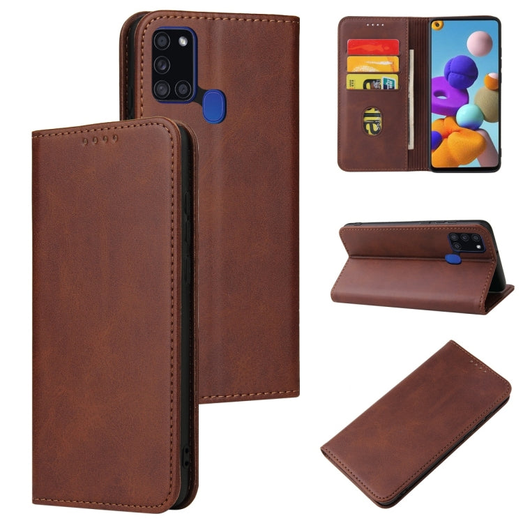 For Samsung Galaxy A21s Calf Texture Magnetic Horizontal Flip Leather Case with Holder & Card Slots & Wallet(Brown) by buy2fix