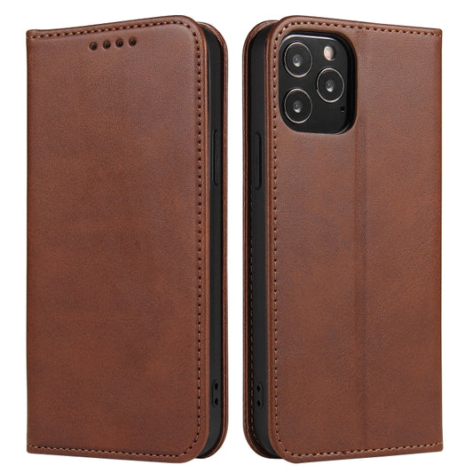 For iPhone 12 / 12 Pro Calf Texture Magnetic Horizontal Flip Leather Case with Holder & Card Slots & Wallet(Brown) by buy2fix