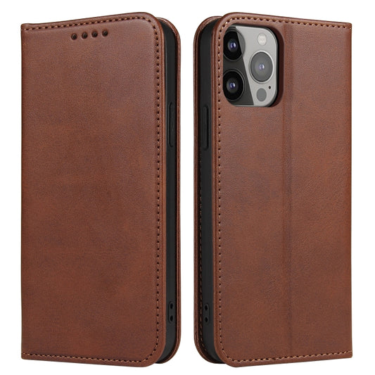 For iPhone 12 Pro Max Calf Texture Magnetic Horizontal Flip Leather Case with Holder & Card Slots & Wallet(Brown) by buy2fix
