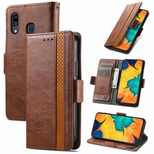 For Samsung Galaxy A20 CaseNeo Business Splicing Dual Magnetic Buckle Horizontal Flip PU Leather Case with Holder & Card Slots & Wallet(Brown) by buy2fix