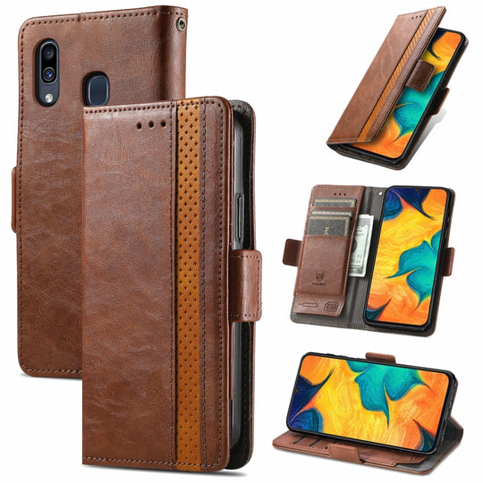 For Samsung Galaxy A20 CaseNeo Business Splicing Dual Magnetic Buckle Horizontal Flip PU Leather Case with Holder & Card Slots & Wallet(Brown)