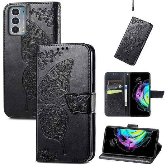 For Motorola Moto Edge 20 Butterfly Love Flower Embossed Horizontal Flip Leather Case with Holder & Card Slots & Wallet & Lanyard(Black) by buy2fix