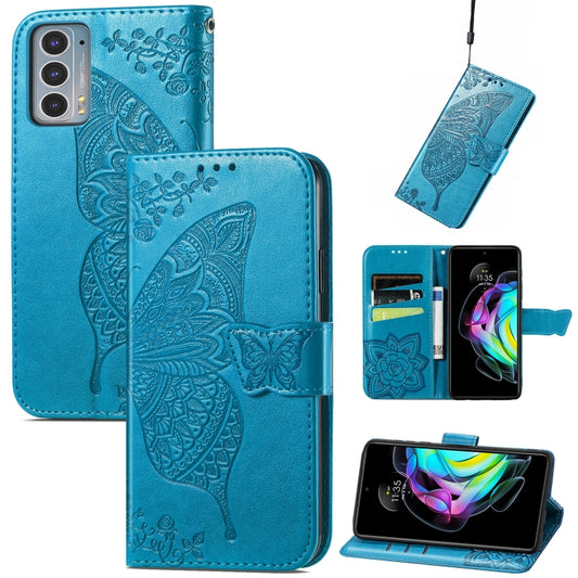 For Motorola Moto Edge 20 Butterfly Love Flower Embossed Horizontal Flip Leather Case with Holder & Card Slots & Wallet & Lanyard(Blue) by buy2fix