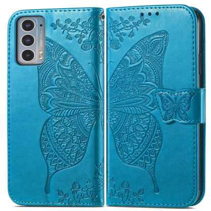 For Motorola Moto Edge 20 Butterfly Love Flower Embossed Horizontal Flip Leather Case with Holder & Card Slots & Wallet & Lanyard(Blue) by buy2fix