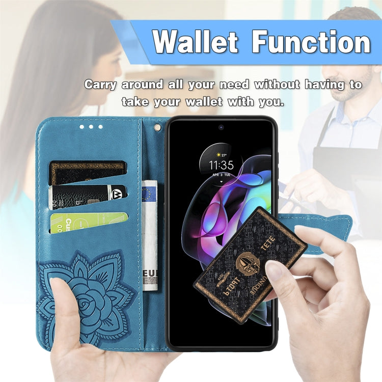 For Motorola Moto Edge 20 Butterfly Love Flower Embossed Horizontal Flip Leather Case with Holder & Card Slots & Wallet & Lanyard(Blue) by buy2fix