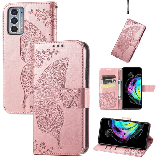 For Motorola Moto Edge 20 Butterfly Love Flower Embossed Horizontal Flip Leather Case with Holder & Card Slots & Wallet & Lanyard(Rose Gold) by buy2fix