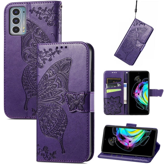 For Motorola Moto Edge 20 Butterfly Love Flower Embossed Horizontal Flip Leather Case with Holder & Card Slots & Wallet & Lanyard(Dark Purple) by buy2fix