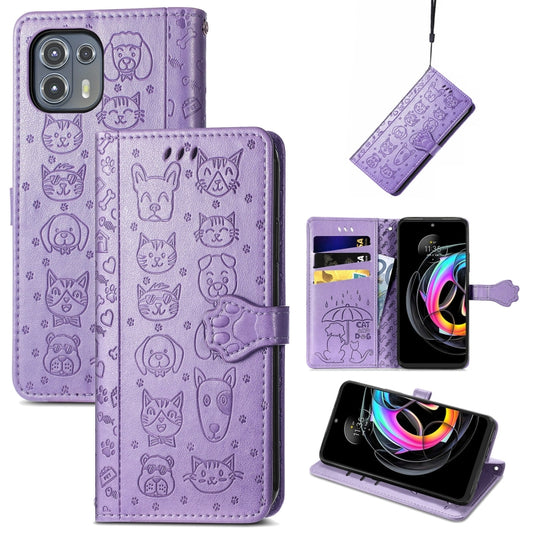 For Motorola Moto Edge 20 Lite Lovely Cat and Dog Embossing Pattern Horizontal Flip Leather Case , with Holder & Card Slots & Wallet & Cartoon Clasp & Lanyard(Purple) by buy2fix