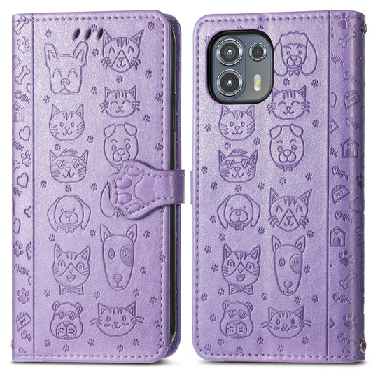 For Motorola Moto Edge 20 Lite Lovely Cat and Dog Embossing Pattern Horizontal Flip Leather Case , with Holder & Card Slots & Wallet & Cartoon Clasp & Lanyard(Purple) by buy2fix