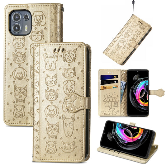 For Motorola Moto Edge 20 Lite Lovely Cat and Dog Embossing Pattern Horizontal Flip Leather Case , with Holder & Card Slots & Wallet & Cartoon Clasp & Lanyard(Gold) by buy2fix