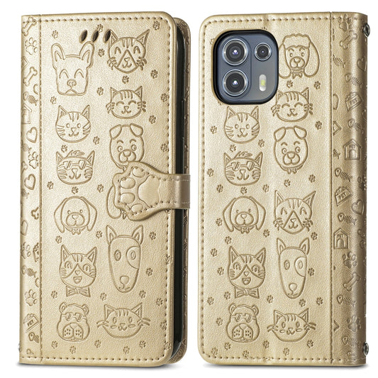 For Motorola Moto Edge 20 Lite Lovely Cat and Dog Embossing Pattern Horizontal Flip Leather Case , with Holder & Card Slots & Wallet & Cartoon Clasp & Lanyard(Gold) by buy2fix
