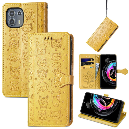 For Motorola Moto Edge 20 Lite Lovely Cat and Dog Embossing Pattern Horizontal Flip Leather Case , with Holder & Card Slots & Wallet & Cartoon Clasp & Lanyard(Yellow) by buy2fix