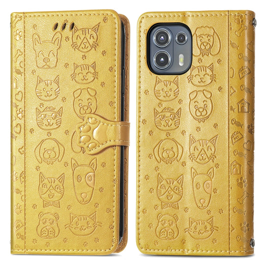 For Motorola Moto Edge 20 Lite Lovely Cat and Dog Embossing Pattern Horizontal Flip Leather Case , with Holder & Card Slots & Wallet & Cartoon Clasp & Lanyard(Yellow) by buy2fix