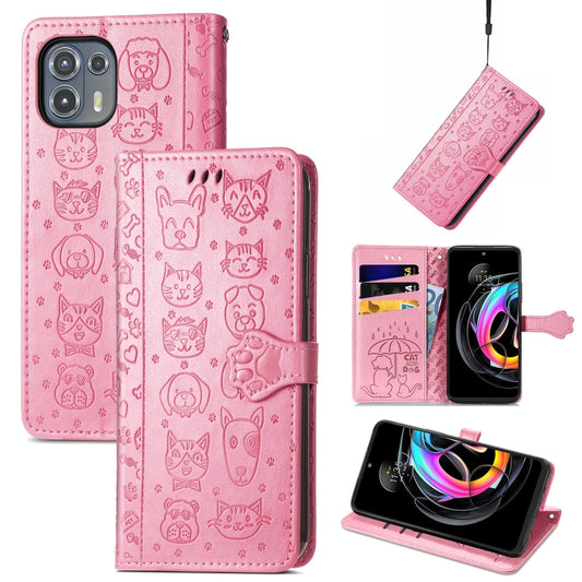 For Motorola Moto Edge 20 Lite Lovely Cat and Dog Embossing Pattern Horizontal Flip Leather Case , with Holder & Card Slots & Wallet & Cartoon Clasp & Lanyard(Pink) by buy2fix