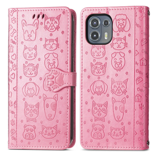 For Motorola Moto Edge 20 Lite Lovely Cat and Dog Embossing Pattern Horizontal Flip Leather Case , with Holder & Card Slots & Wallet & Cartoon Clasp & Lanyard(Pink) by buy2fix