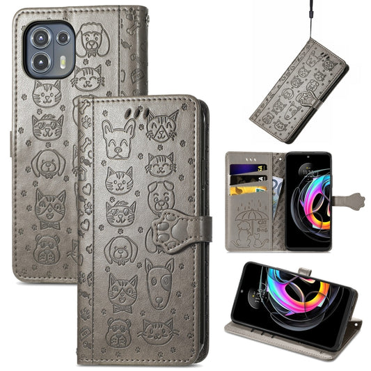 For Motorola Moto Edge 20 Lite Lovely Cat and Dog Embossing Pattern Horizontal Flip Leather Case , with Holder & Card Slots & Wallet & Cartoon Clasp & Lanyard(Grey) by buy2fix
