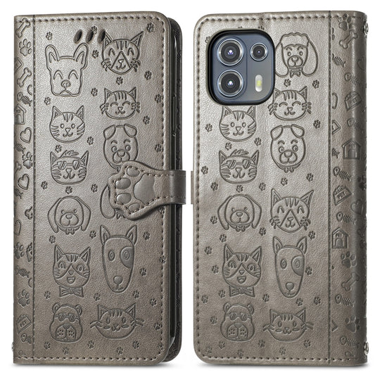 For Motorola Moto Edge 20 Lite Lovely Cat and Dog Embossing Pattern Horizontal Flip Leather Case , with Holder & Card Slots & Wallet & Cartoon Clasp & Lanyard(Grey) by buy2fix