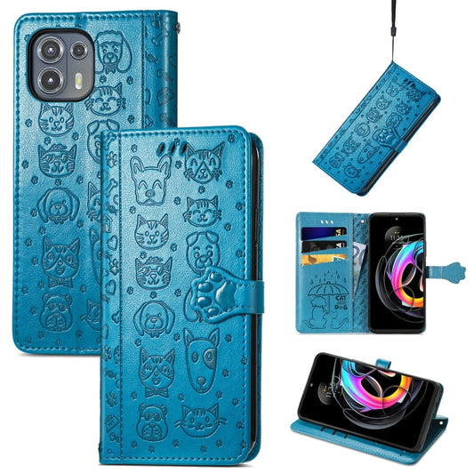 For Motorola Moto Edge 20 Lite Lovely Cat and Dog Embossing Pattern Horizontal Flip Leather Case , with Holder & Card Slots & Wallet & Cartoon Clasp & Lanyard(Blue) by buy2fix