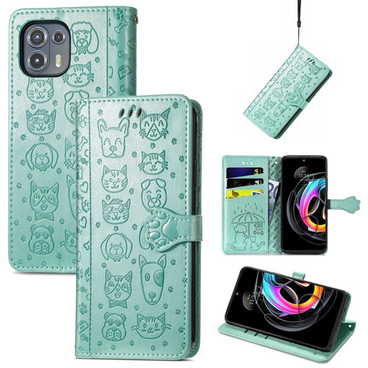 For Motorola Moto Edge 20 Lite Lovely Cat and Dog Embossing Pattern Horizontal Flip Leather Case , with Holder & Card Slots & Wallet & Cartoon Clasp & Lanyard(Green) by buy2fix