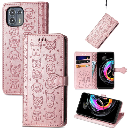 For Motorola Moto Edge 20 Lite Lovely Cat and Dog Embossing Pattern Horizontal Flip Leather Case , with Holder & Card Slots & Wallet & Cartoon Clasp & Lanyard(Rose Gold) by buy2fix