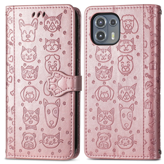 For Motorola Moto Edge 20 Lite Lovely Cat and Dog Embossing Pattern Horizontal Flip Leather Case , with Holder & Card Slots & Wallet & Cartoon Clasp & Lanyard(Rose Gold) by buy2fix
