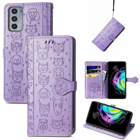 For Motorola Moto Edge 20 Lovely Cat and Dog Embossing Pattern Horizontal Flip Leather Case , with Holder & Card Slots & Wallet & Cartoon Clasp & Lanyard(Purple) by buy2fix