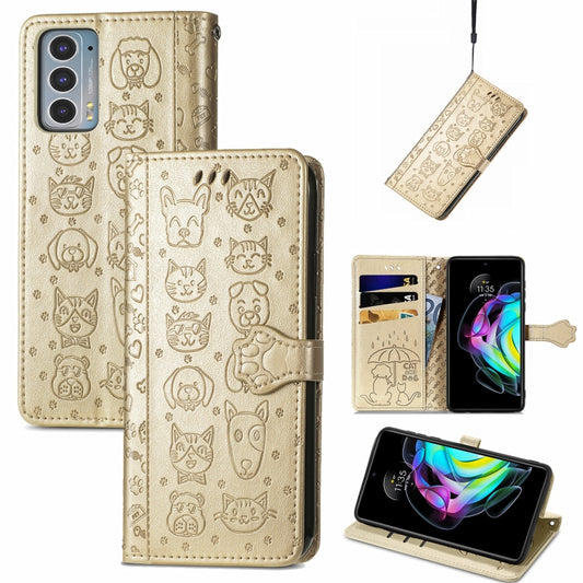 For Motorola Moto Edge 20 Lovely Cat and Dog Embossing Pattern Horizontal Flip Leather Case , with Holder & Card Slots & Wallet & Cartoon Clasp & Lanyard(Gold) by buy2fix