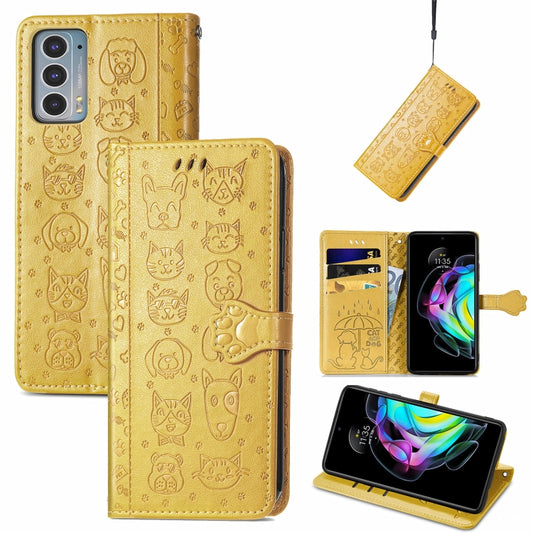 For Motorola Moto Edge 20 Lovely Cat and Dog Embossing Pattern Horizontal Flip Leather Case , with Holder & Card Slots & Wallet & Cartoon Clasp & Lanyard(Yellow) by buy2fix