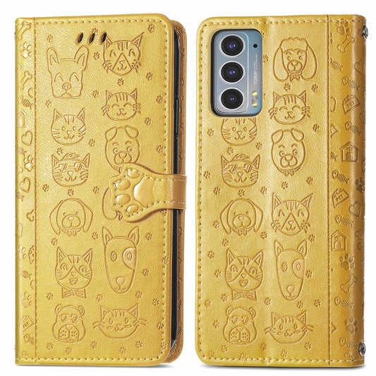 For Motorola Moto Edge 20 Lovely Cat and Dog Embossing Pattern Horizontal Flip Leather Case , with Holder & Card Slots & Wallet & Cartoon Clasp & Lanyard(Yellow) by buy2fix