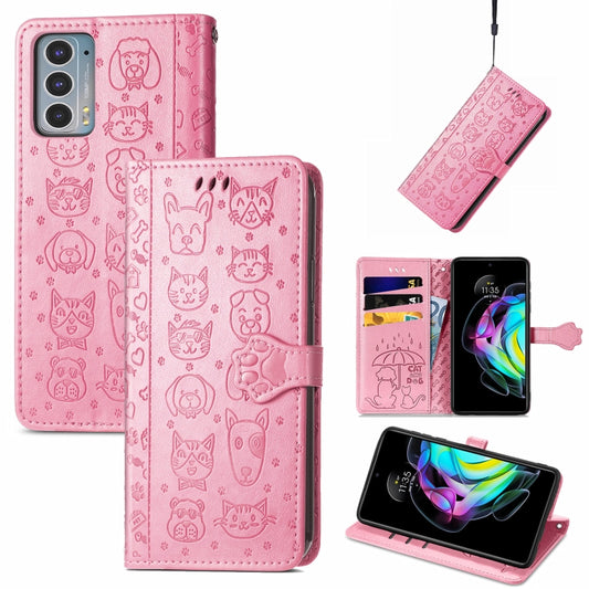 For Motorola Moto Edge 20 Lovely Cat and Dog Embossing Pattern Horizontal Flip Leather Case , with Holder & Card Slots & Wallet & Cartoon Clasp & Lanyard(Pink) by buy2fix