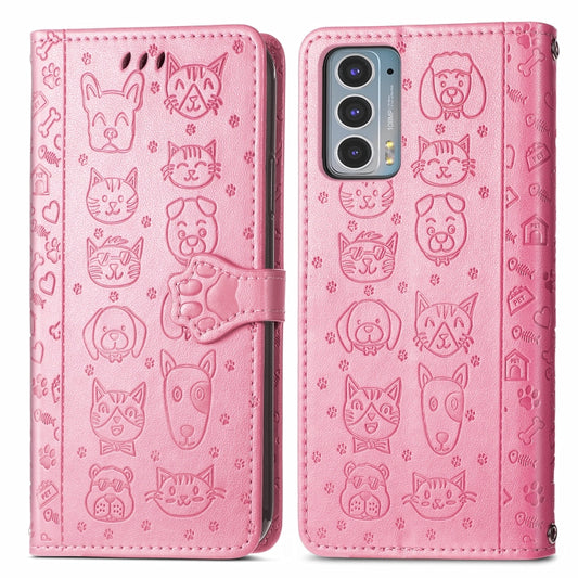 For Motorola Moto Edge 20 Lovely Cat and Dog Embossing Pattern Horizontal Flip Leather Case , with Holder & Card Slots & Wallet & Cartoon Clasp & Lanyard(Pink) by buy2fix