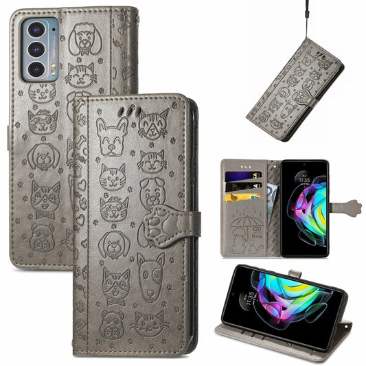 For Motorola Moto Edge 20 Lovely Cat and Dog Embossing Pattern Horizontal Flip Leather Case , with Holder & Card Slots & Wallet & Cartoon Clasp & Lanyard(Grey) by buy2fix