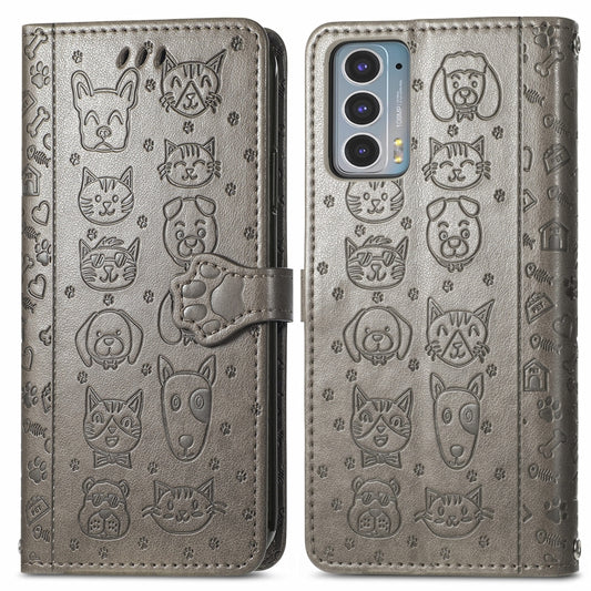 For Motorola Moto Edge 20 Lovely Cat and Dog Embossing Pattern Horizontal Flip Leather Case , with Holder & Card Slots & Wallet & Cartoon Clasp & Lanyard(Grey) by buy2fix