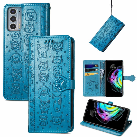 For Motorola Moto Edge 20 Lovely Cat and Dog Embossing Pattern Horizontal Flip Leather Case , with Holder & Card Slots & Wallet & Cartoon Clasp & Lanyard(Blue) by buy2fix