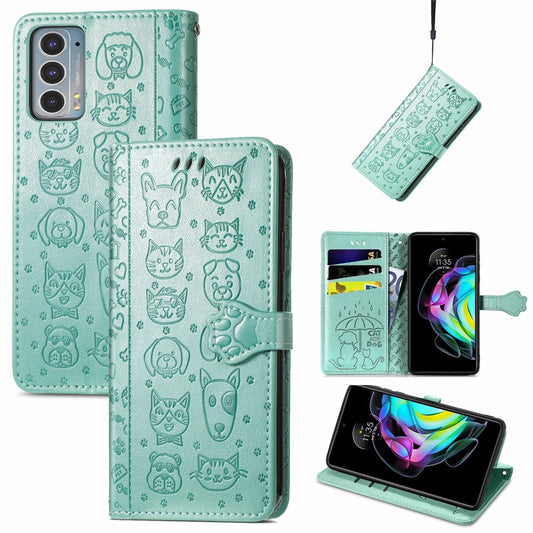 For Motorola Moto Edge 20 Lovely Cat and Dog Embossing Pattern Horizontal Flip Leather Case , with Holder & Card Slots & Wallet & Cartoon Clasp & Lanyard(Green) by buy2fix