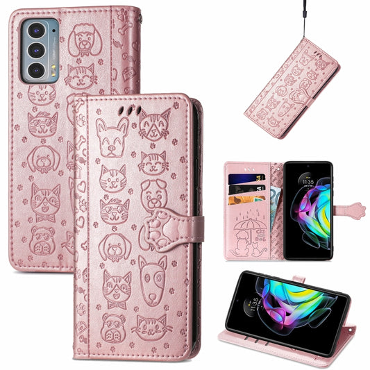 For Motorola Moto Edge 20 Lovely Cat and Dog Embossing Pattern Horizontal Flip Leather Case , with Holder & Card Slots & Wallet & Cartoon Clasp & Lanyard(Rose Gold) by buy2fix