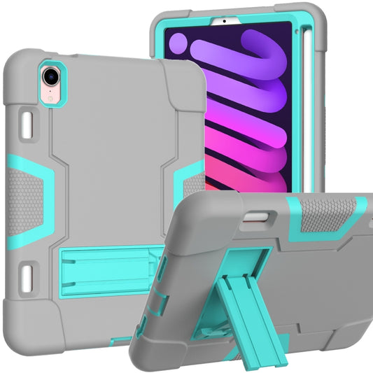 For iPad mini 2024 / mini 6 Contrast Color Robot Shockproof Silicone + PC Protective Tablet Case with Holder & Pen Slot(Grey Mint Green) - iPad mini 6 Cases by buy2fix | Online Shopping UK | buy2fix